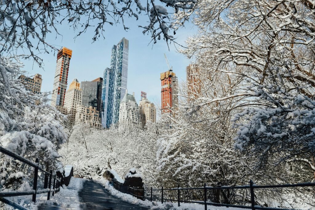 Tall majestic skyscrapers near bridge surrounded by leafless trees covered with snow against cloudless sky in daytime